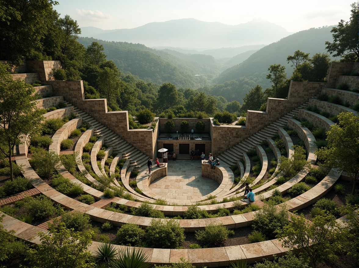 Prompt: Natural amphitheater setting, lush green hills, tiered seating areas, curved walkways, rustic stone walls, wooden benches, scenic overlooks, panoramic views, surrounding forest, misty morning atmosphere, soft warm lighting, shallow depth of field, 3/4 composition, realistic textures, ambient occlusion, integrated landscape design, harmonious architecture, organic shapes, earthy tones, native plant species, meandering paths, tranquil water features.