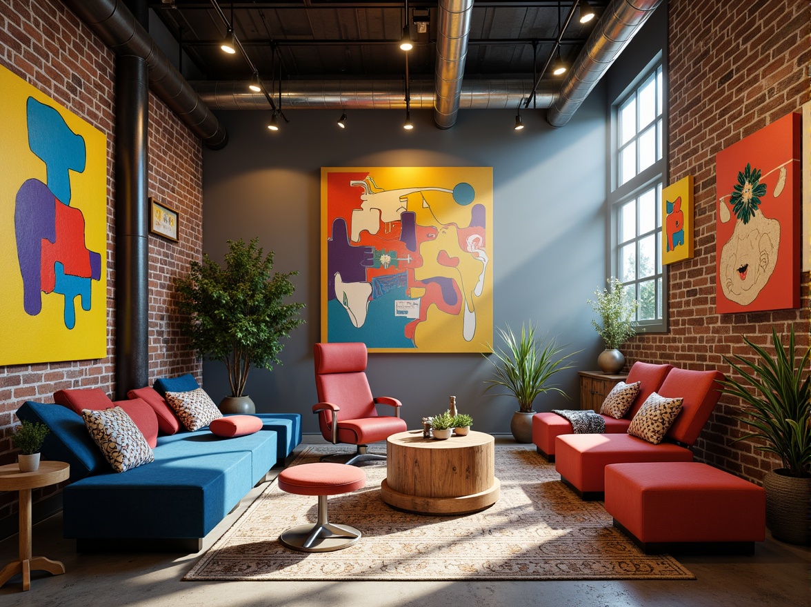 Prompt: Vibrant art studio, eclectic furniture, abstract artwork, bold color blocking, contrasting textures, modern industrial architecture, exposed brick walls, polished concrete floors, reclaimed wood accents, natural light pouring in, soft warm glow, atmospheric mist, shallow depth of field, 1/1 composition, realistic renderings, ambient occlusion.