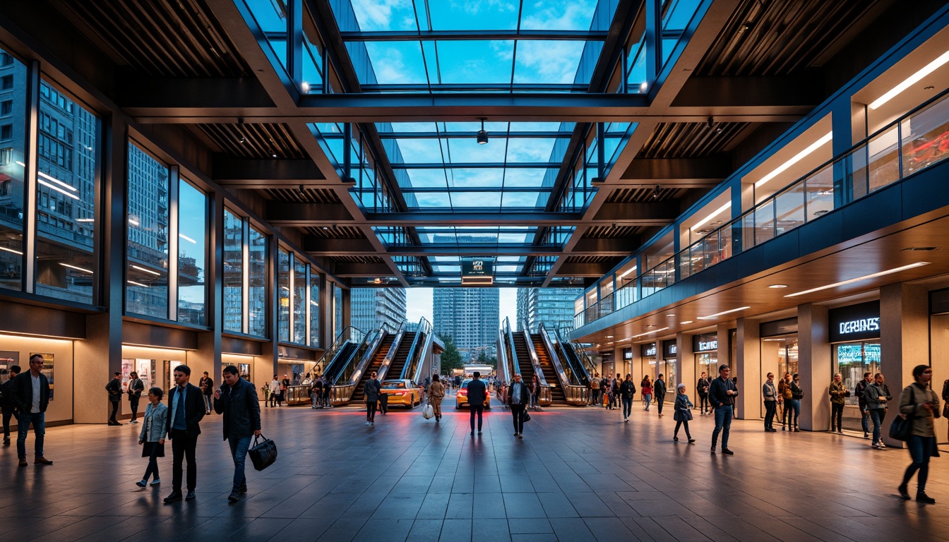 Prompt: Modern urban metro station, sleek steel beams, polished concrete floors, futuristic LED lighting, vibrant color schemes, dynamic signage, bustling pedestrian traffic, rush hour atmosphere, warm and inviting ambiance, soft indirect lighting, high ceilings, grand staircases, escalators, glass railings, metallic accents, urban cityscape views, evening commute, artificial light reflections, shallow depth of field, 1/2 composition, realistic textures, ambient occlusion.