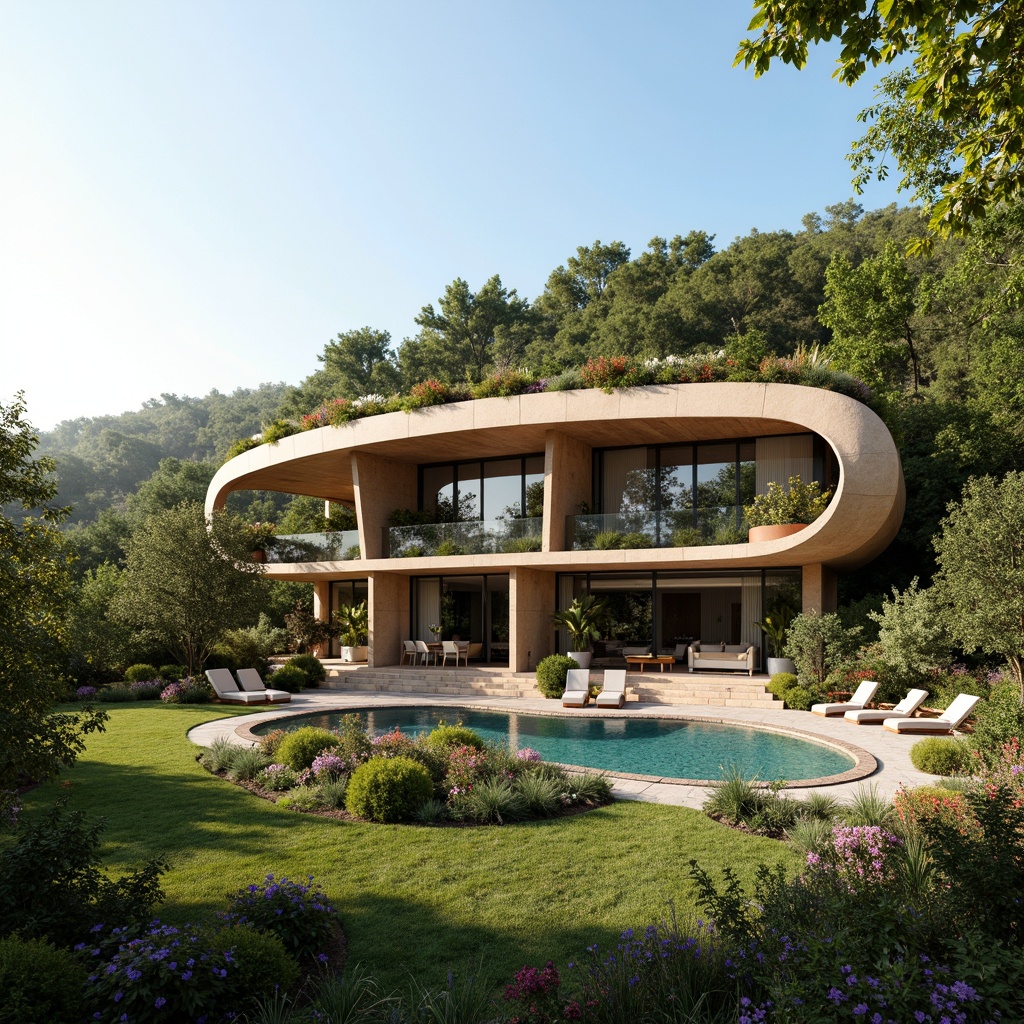 Prompt: Organic villa facade, curved lines, biomimetic forms, natural materials, reclaimed wood, living walls, green roofs, solar panels, wind turbines, water harvesting systems, eco-friendly insulation, large windows, sliding glass doors, panoramic views, soft warm lighting, shallow depth of field, 3/4 composition, realistic textures, ambient occlusion, lush vegetation, blooming flowers, serene atmosphere, sunny day, gentle breeze.