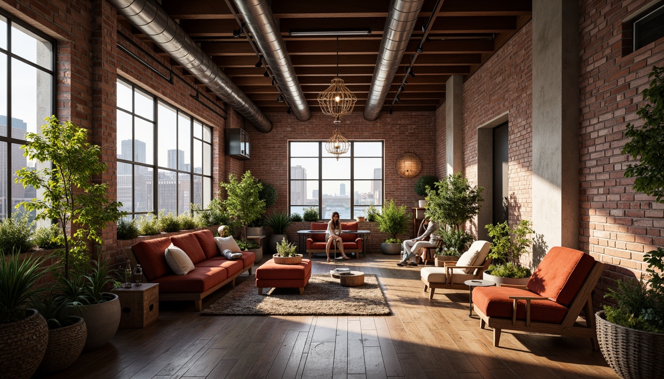 Prompt: Exposed brick walls, wooden beam ceilings, industrial metal pipes, reclaimed wood floors, vintage decorative items, soft warm lighting, cozy reading nooks, plush velvet sofas, distressed leather armchairs, eclectic art collections, lush greenery, natural stone accents, minimalist decor, open floor plans, high ceilings, large windows, cityscape views, urban landscape, romantic ambiance, warm color palette, rustic textures, shallow depth of field, 1/1 composition, panoramic view, realistic renderings, ambient occlusion.