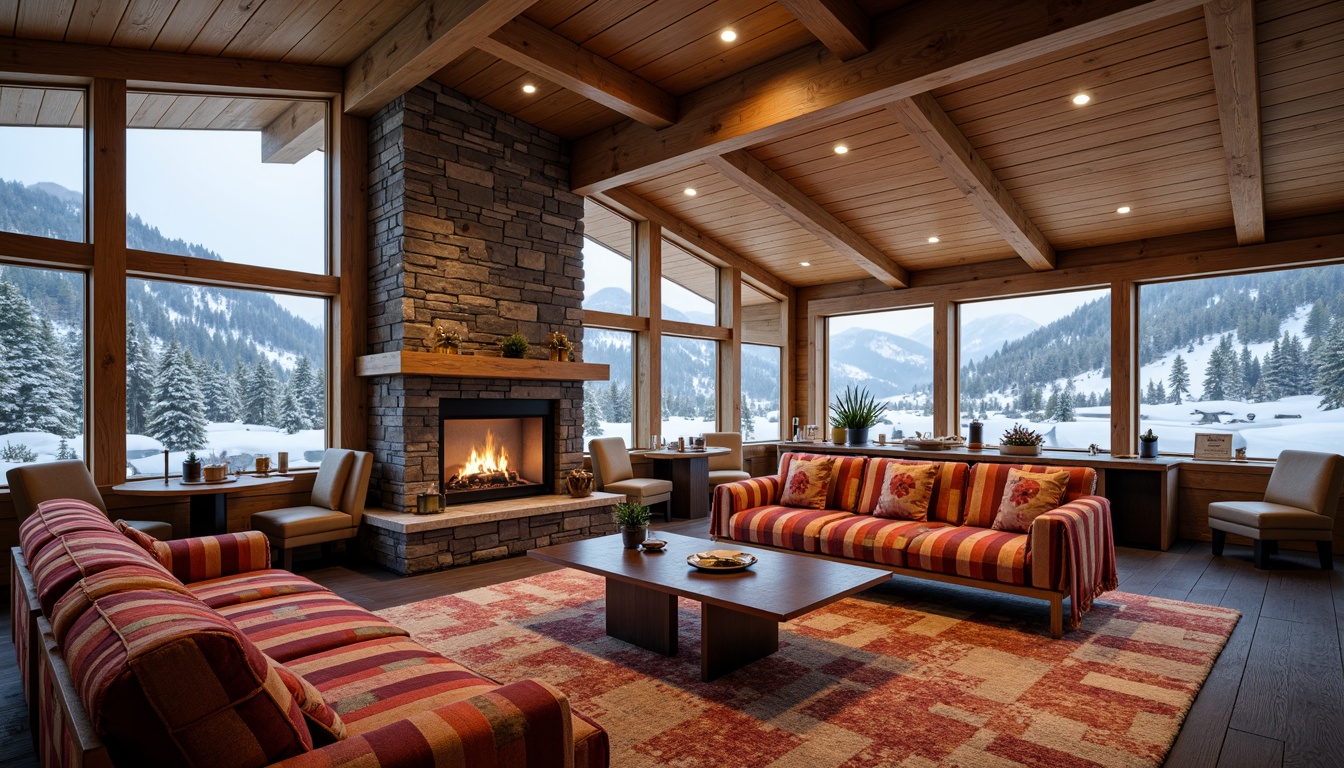 Prompt: Cozy ski lodge interior, warm wooden accents, plush throw blankets, vibrant colorful upholstery, soft carpeted floors, rustic stone fireplaces, modern minimalist furniture, sleek metal lighting fixtures, snowflake-inspired patterns, frosty winter scenery, snowy mountain views, frozen lake backgrounds, crisp cold air, warm inviting ambiance, 1/1 composition, shallow depth of field, realistic textures, ambient occlusion.