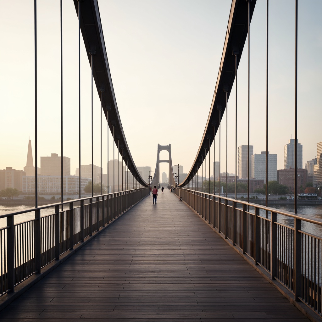 Prompt: Curved pedestrian bridge, steel arches, suspension cables, wooden decking, metal railings, urban landscape, city skyline, morning fog, soft warm lighting, shallow depth of field, 3/4 composition, panoramic view, realistic textures, ambient occlusion, modern architecture, sleek lines, minimalist design, innovative materials, eco-friendly construction, accessible ramps, safety barriers, scenic overlooks, river views, natural surroundings.