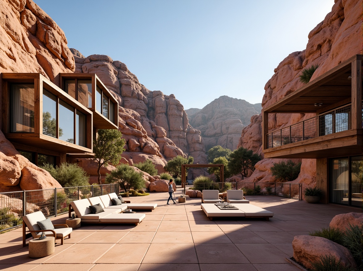 Prompt: Rugged canyon landscape, rust-colored rock formations, modernist architecture, cantilevered buildings, steel frames, glass facades, minimalist design, clean lines, industrial materials, exposed ductwork, polished concrete floors, reclaimed wood accents, metal mesh railings, floor-to-ceiling windows, sliding glass doors, natural ventilation systems, passive solar design, desert flora, succulent plants, sandy terrain, warm sunny day, high contrast lighting, dramatic shadows, 1/1 composition, symmetrical framing, realistic textures, ambient occlusion.