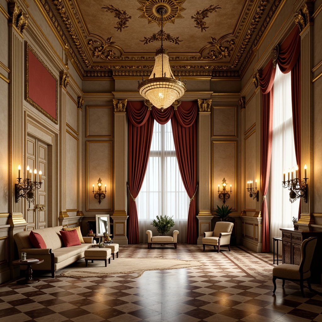 Prompt: Grandiose Baroque palace, beige stone fa\u00e7ade, ornate golden details, intricate marble patterns, lavish furnishings, opulent chandeliers, rich velvet drapes, warm candlelight, soft focus, shallow depth of field, 1/2 composition, symmetrical framing, dramatic lighting, realistic textures, ambient occlusion.