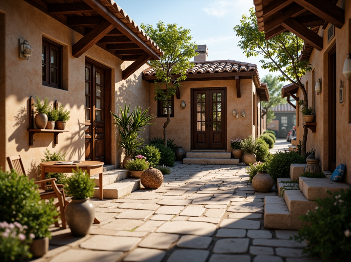 Prompt: Rustic village setting, earthy tones, natural stone walls, wooden beams, clay tile roofs, ornate doorways, intricate carvings, vibrant textiles, colorful ceramics, lush greenery, blooming flowers, rustic lanterns, warm soft lighting, shallow depth of field, 1/1 composition, realistic textures, ambient occlusion.