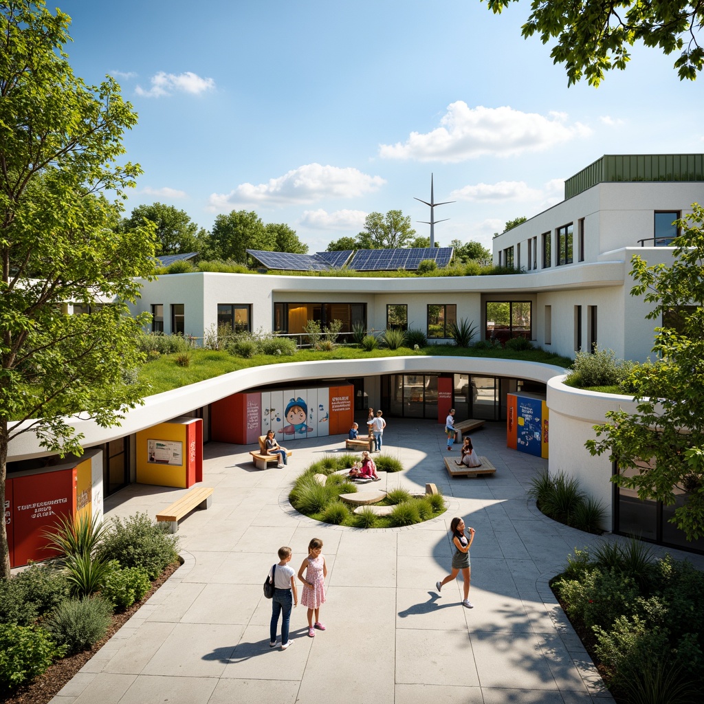 Prompt: Vibrant middle school courtyard, lush green roofs, solar panels, wind turbines, water conservation systems, eco-friendly materials, natural stone walls, curved lines, minimalist design, abundant daylight, soft warm lighting, shallow depth of field, 3/4 composition, panoramic view, realistic textures, ambient occlusion, educational murals, inspirational quotes, colorful lockers, wooden benches, modern furniture, collaborative learning spaces, flexible classrooms, interactive whiteboards, futuristic architecture, sustainable energy solutions.