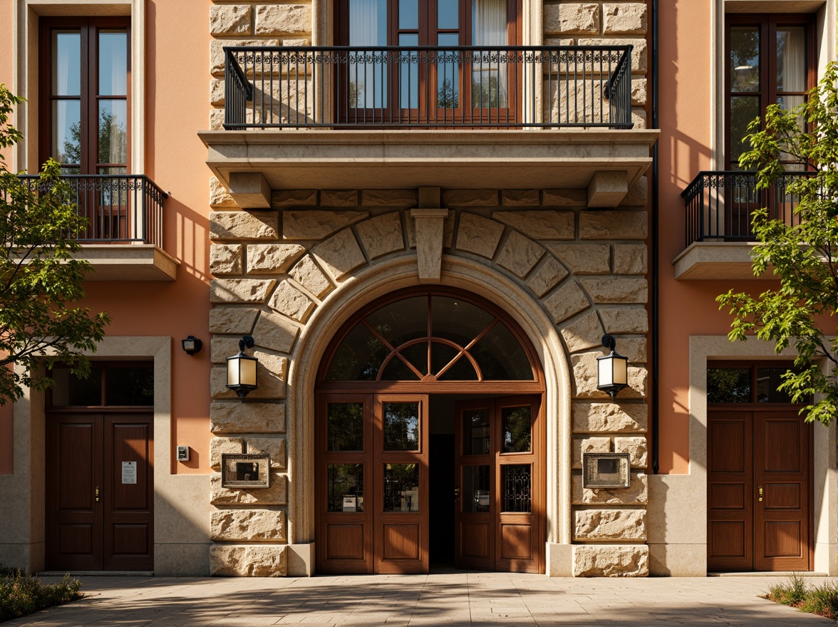 Prompt: Renaissance-style hostel facade, ornate stone carvings, grand archways, rustic wooden doors, vintage metal lanterns, intricate stonework patterns, warm golden lighting, soft afternoon sun, shallow depth of field, 1/2 composition, symmetrical architecture, richly textured walls, decorative cornices, elegant balconies, ornamental railings, classic European-inspired design, earthy color palette, aged stone textures, subtle weathering effects.