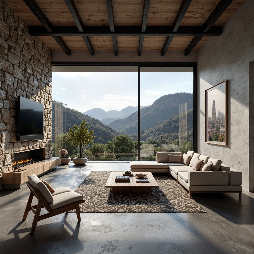 Prompt: Canyon-inspired modernist building interior, open-plan living space, minimalist decor, sleek low-profile furniture, polished concrete floors, industrial-style metal beams, floor-to-ceiling windows, panoramic canyon views, natural stone accent walls, geometric patterned rugs, monochromatic color scheme, ambient soft lighting, 1/1 composition, shallow depth of field, realistic textures, subtle shadows.