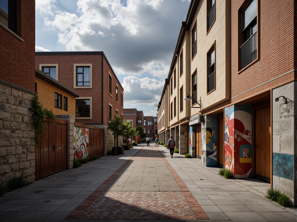 Prompt: Rough stone walls, weathered wooden planks, rusty metal cladding, smooth concrete floors, intricate tile patterns, vibrant colorful murals, natural brick facades, ornate stucco details, distressed finishes, industrial chic aesthetic, urban cityscape, cloudy grey sky, dramatic spotlighting, high contrast shadows, 1/1 composition, symmetrical framing, realistic material textures, ambient occlusion.