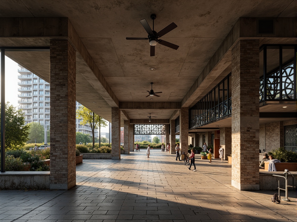 Prompt: Rugged pavilion, brutalist architecture, rough-hewn concrete walls, weathered stone floors, exposed ductwork, industrial metal beams, raw wooden accents, tactile brick textures, geometric patterned screens, dramatic natural light, harsh shadows, bold structural forms, monumental scale, urban landscape, overcast sky, diffused warm lighting, high contrast ratio, 1/2 composition, symmetrical framing, realistic material rendering.