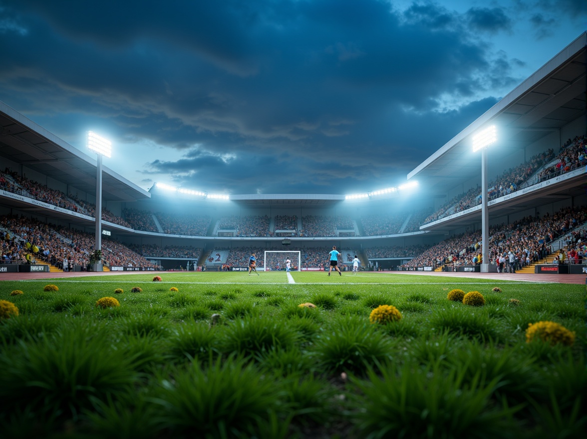 Prompt: Stadium atmosphere, lush green grass, athletic tracks, sports equipment, goalposts, floodlights, LED lighting, warm color temperature, high-contrast ratio, dramatic shadows, dynamic movement, fast-paced action, evening games, misty night air, 1/2 composition, low-angle shot, realistic textures, ambient occlusion.