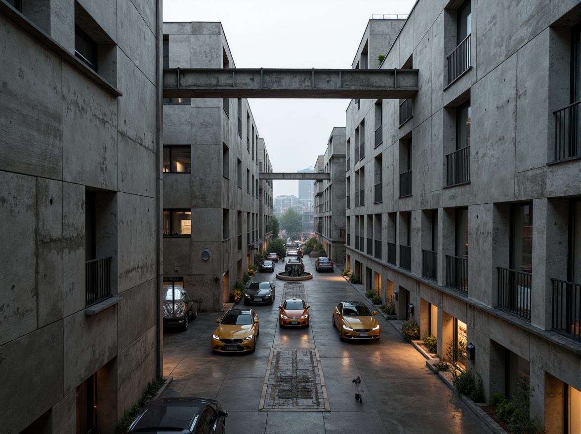 Prompt: Massive concrete forms, brutalist architecture, industrial distribution center, rugged textures, exposed ductwork, raw steel beams, functional minimalism, urban cityscape, overcast skies, dramatic shadows, high-contrast lighting, cinematic composition, symmetrical framing, bold geometric shapes, reinforced materials, utilitarian aesthetic, functional simplicity, mechanized systems, metallic accents, distressed finishes, monumental scale, imposing presence, atmospheric misting.