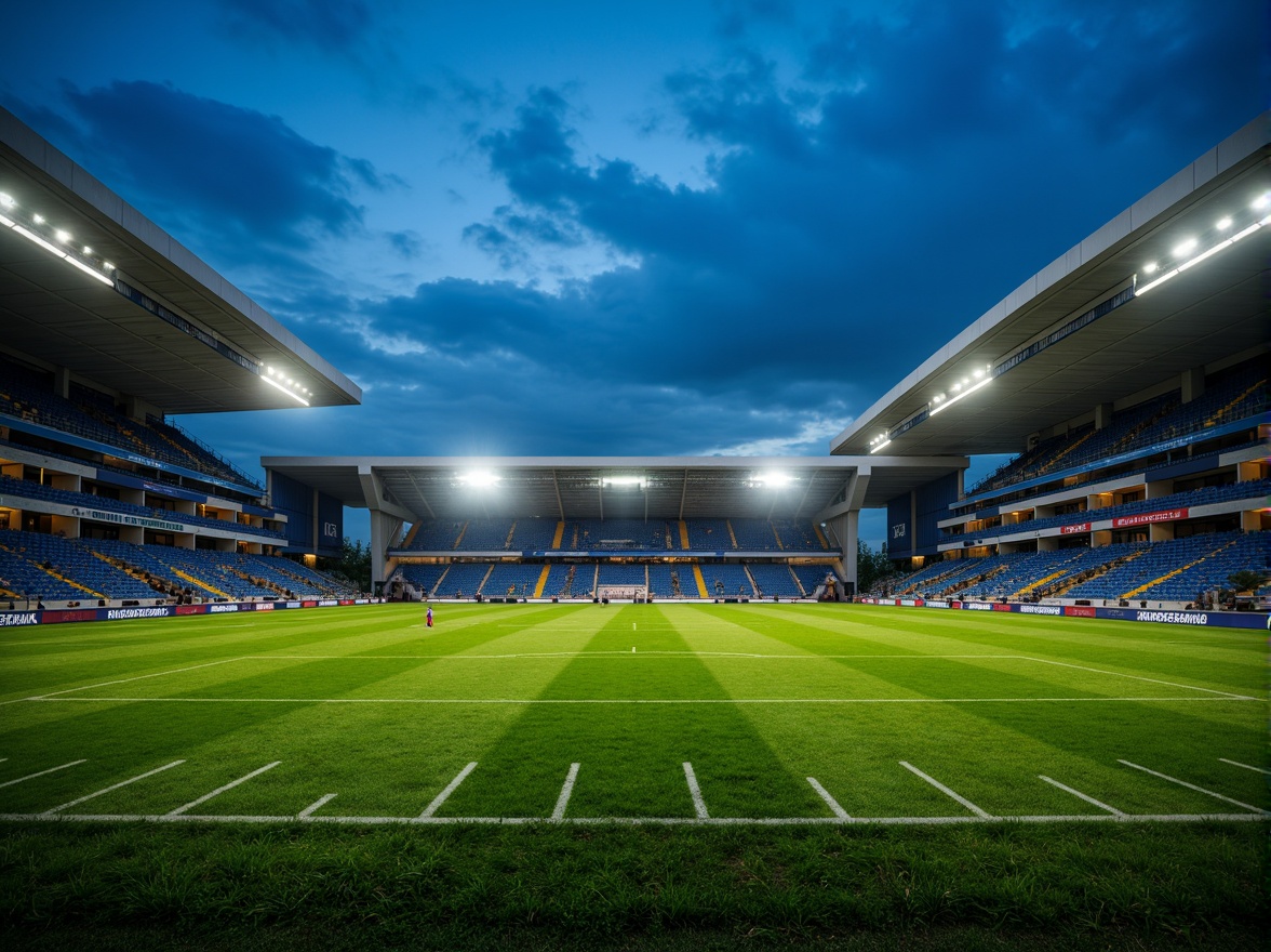 Prompt: Floodlit soccer stadium, evening atmosphere, vibrant green grass, sleek modern architecture, angular lines, cantilevered roofs, grandstand seating, player tunnels, goalposts, referee areas, LED scoreboard displays, dynamic lighting effects, high-intensity floodlights, warm color temperatures, 1/2 composition, low-angle shots, dramatic shadows, realistic textures, ambient occlusion.