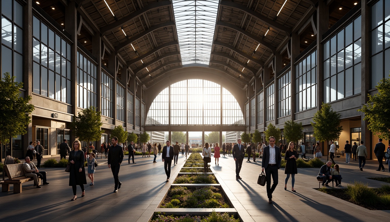 Prompt: Grand train station, high ceilings, large windows, natural light pouring in, steel beams, industrial architecture, modern design, urban atmosphere, busy commuters, rush hour scene, soft warm lighting, shallow depth of field, 1/1 composition, realistic textures, ambient occlusion, glass roofs, skylights, clerestory windows, open spaces, pedestrian walkways, public art installations, urban furniture, greenery, plants, trees.