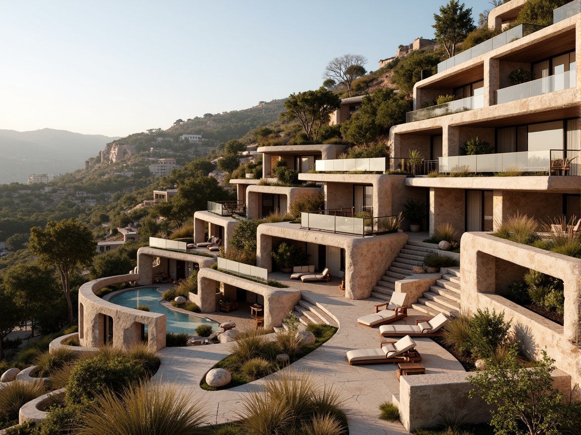 Prompt: Rustic hillside, natural stone walls, earthy tones, organic curves, cantilevered roofs, large overhangs, wooden accents, steel beams, minimalist decor, floor-to-ceiling windows, sliding glass doors, panoramic views, surrounding landscape, native vegetation, winding pathways, outdoor seating areas, soft warm lighting, shallow depth of field, 3/4 composition, realistic textures, ambient occlusion.