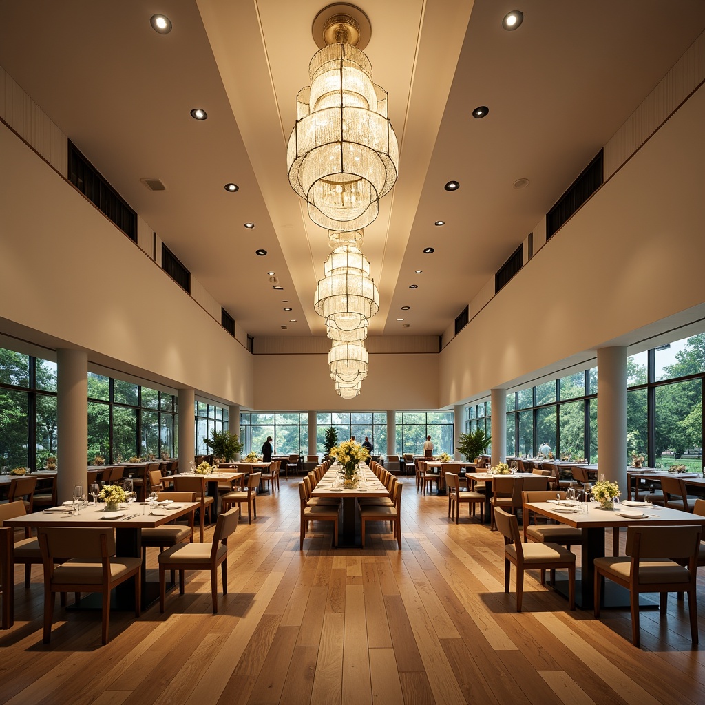 Prompt: Spacious dining hall, elegant chandeliers, polished wooden floors, comfortable seating areas, rectangular tables, upholstered chairs, decorative centerpieces, warm ambient lighting, soft cream colors, modern minimalist decor, floor-to-ceiling windows, natural daylight, lush greenery views, subtle textures, 1/2 composition, shallow depth of field, realistic reflections.