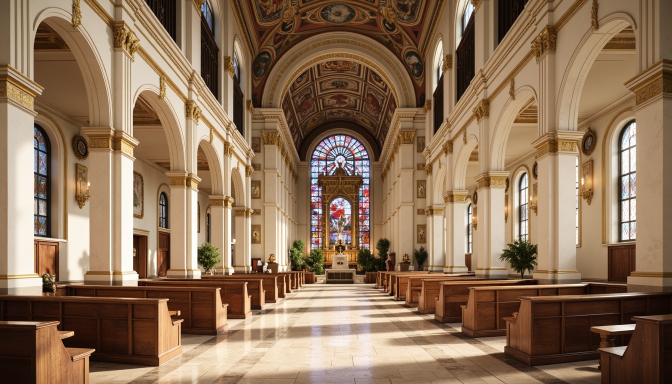 Prompt: Majestic neoclassical church, grandiose columns, ornate details, soft cream walls, rich gold accents, warm beige marble floors, stained glass windows, vibrant blue and red hues, intricate frescoes, high ceilings, dramatic archways, symmetrical composition, natural light pouring in, subtle shadows, realistic textures, ambient occlusion.