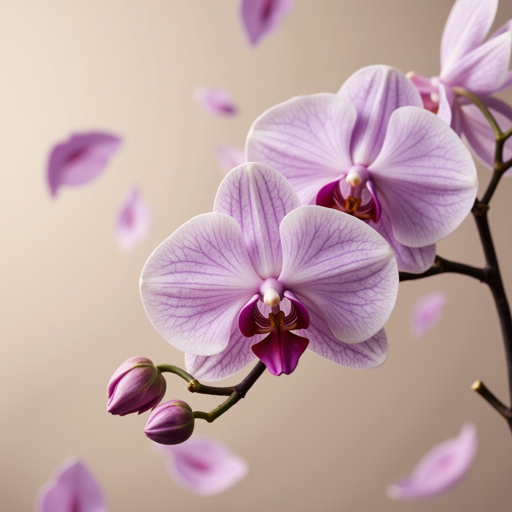 Prompt: Exquisite orchid-inspired color palette, soft pastel hues, delicate petals, subtle sheen, luxurious velvet textures, rich jewel tones, elegant gold accents, sophisticated modern design, refined minimalist aesthetic, creamy whites, blush pinks, lavender purples, powder blues, mauve undertones, warm beige backgrounds, dramatic lighting, shallow depth of field, 1/1 composition, realistic renderings, ambient occlusion.