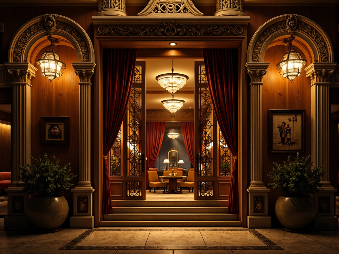 Prompt: Majestic nightclub facade, Romanesque arches, ornate stone carvings, grand entrance, heavy wooden doors, intricate ironwork, warm golden lighting, soft misty atmosphere, mysterious shadows, luxurious velvet drapes, lavish chandeliers, rich wood paneling, ornamental columns, dramatic spotlights, 3/4 composition, low-angle shot, cinematic mood, high-contrast colors, detailed textures.