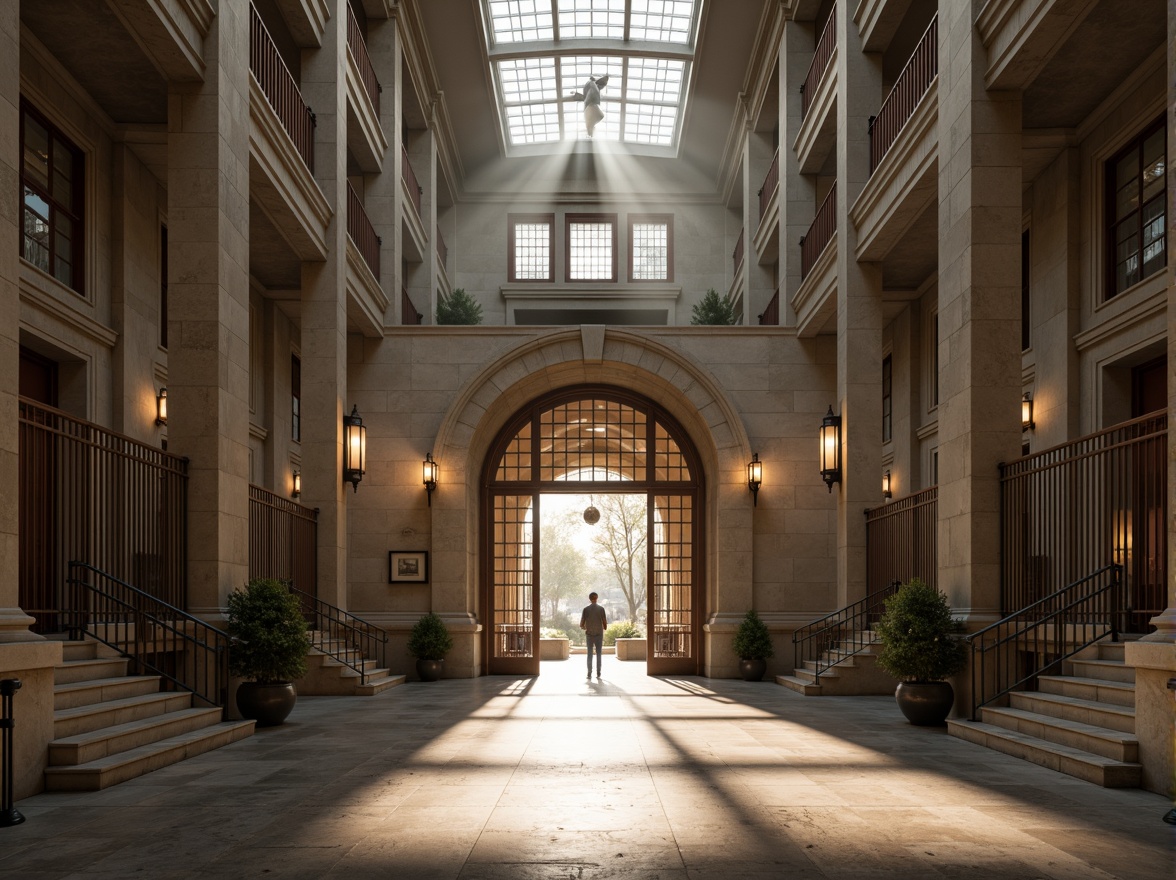 Prompt: Grand courthouse entrance, imposing stone columns, ornate metal gates, symmetrical fa\u00e7ade, high ceilings, grand staircases, polished marble floors, intricate moldings, natural light pouring through clerestory windows, warm soft lighting, subtle shadows, dramatic spotlights, 1/1 composition, realistic textures, ambient occlusion, morning sunlight, subtle color grading.