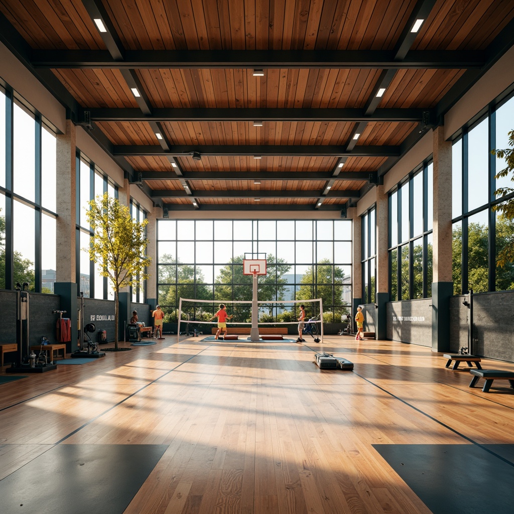 Prompt: Modern gymnasium interior, high ceilings, polished wooden floors, mirrored walls, professional sports equipment, basketball hoops, volleyball nets, athletic tracks, exercise machines, free weights, yoga mats, motivational quotes, natural light, soft warm lighting, shallow depth of field, 3/4 composition, panoramic view, realistic textures, ambient occlusion.