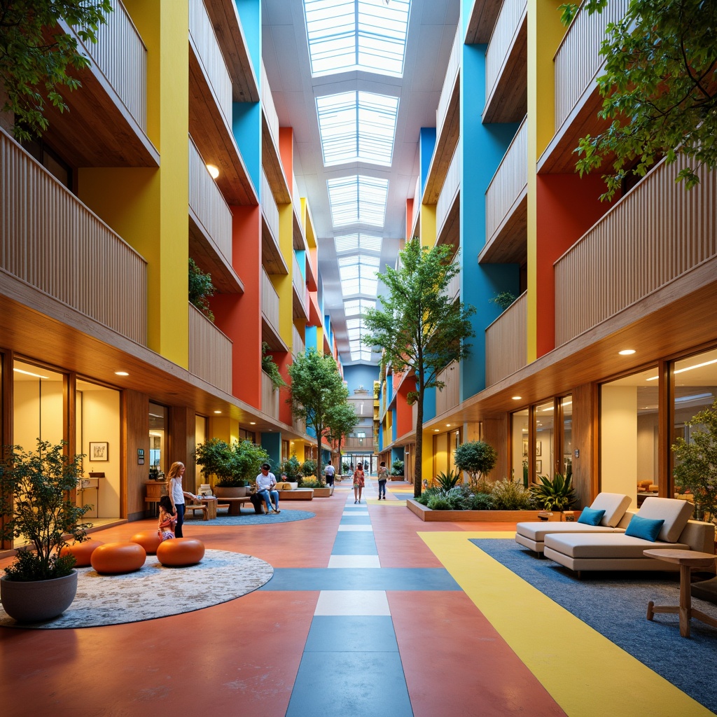 Prompt: Vibrant student halls, modern architectural design, bold color scheme, energetic atmosphere, youthful vibe, bright corridors, lively common areas, cozy study nooks, warm lighting, comfortable furniture, natural wood accents, calming greenery, playful patterns, geometric shapes, contrasting textures, dynamic visual interest, 3/4 composition, shallow depth of field, realistic rendering.