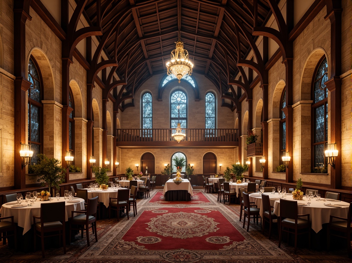 Prompt: Grand dining hall, ornate columns, rustic stone walls, vaulted ceilings, stained glass windows, warm candlelight, rich wood furnishings, elegant chandeliers, lavish textiles, intricate carvings, medieval-inspired architecture, robust archways, imposing pillars, dramatic verticality, atmospheric misting, soft warm lighting, 1/1 composition, realistic textures, ambient occlusion.