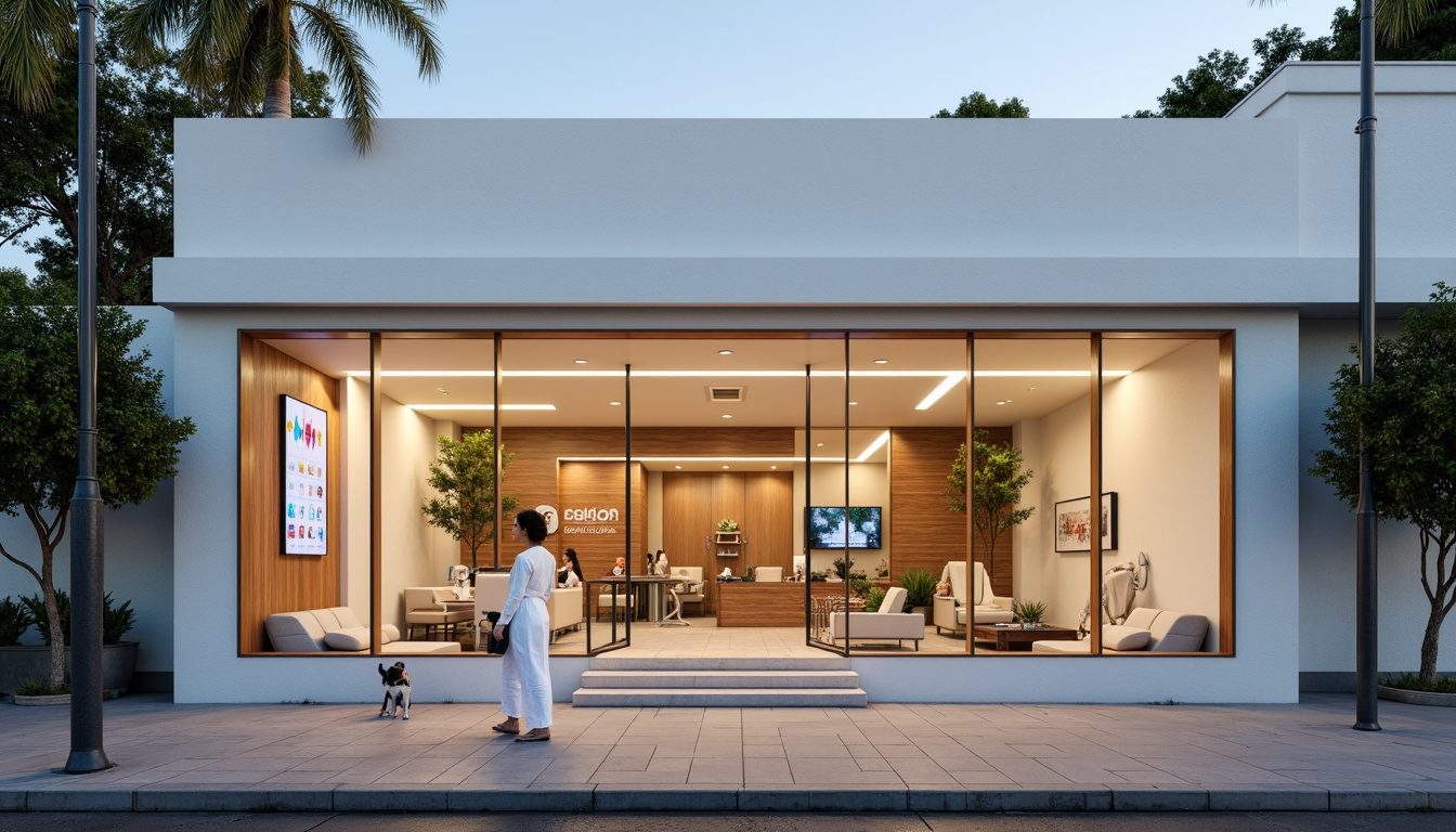 Prompt: Simple dental clinic facade, clean lines, minimal ornamentation, large glass windows, sliding doors, neutral color palette, white walls, wooden accents, subtle textures, natural stone flooring, modern LED lighting, soft warm ambiance, shallow depth of field, 1/1 composition, realistic reflections, ambient occlusion, urban cityscape, morning sunlight, gentle shadows.