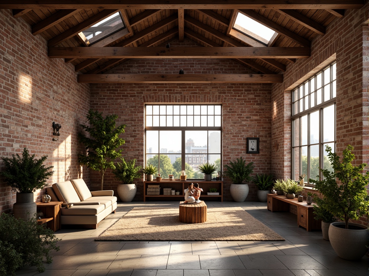 Prompt: Exposed brick walls, wooden beam ceilings, industrial chic decor, romantic ambiance, soft warm lighting, large windows, skylights, clerestory windows, natural stone floors, reclaimed wood accents, minimalist furniture, plush area rugs, cozy reading nooks, vintage decorative items, earthy color palette, lush greenery, potted plants, urban landscape views, sunny day, shallow depth of field, 3/4 composition, panoramic view, realistic textures, ambient occlusion.