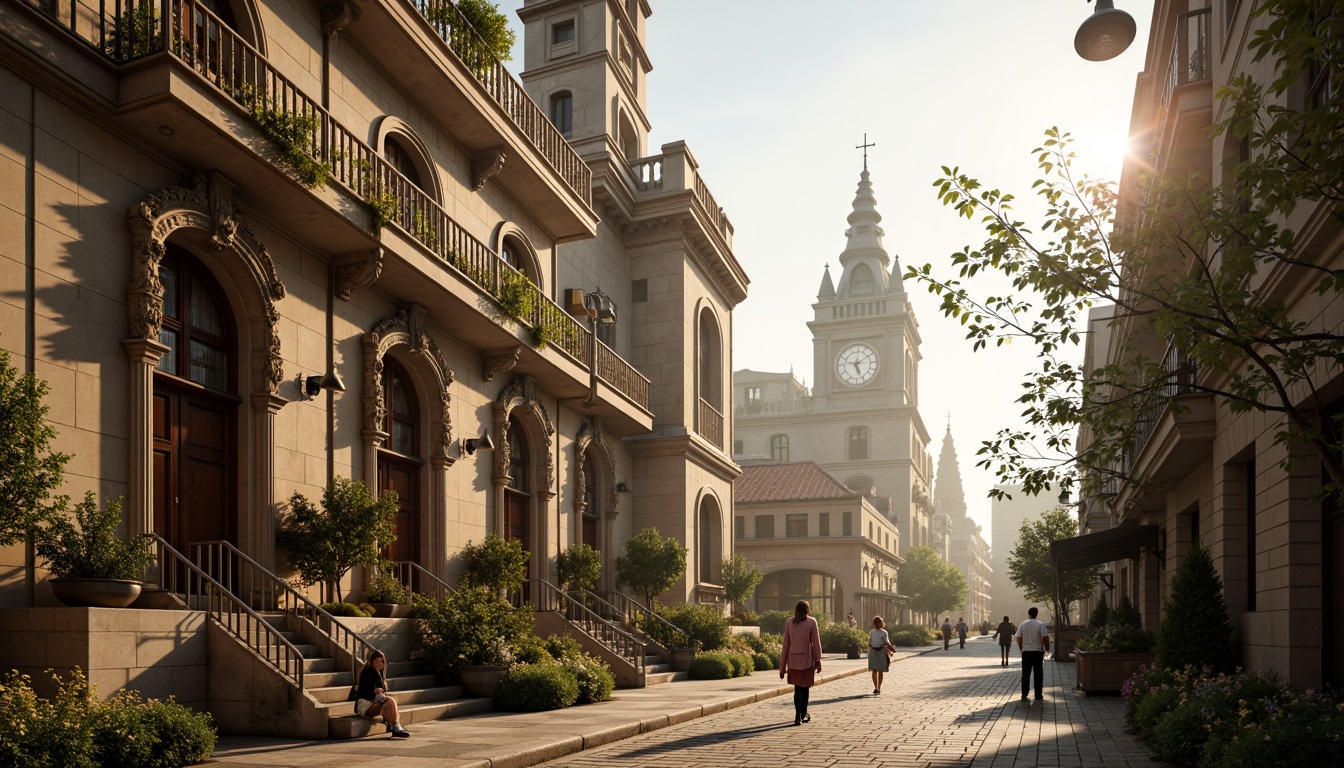 Prompt: Intricate stone carvings, ornate facades, grandiose entranceways, sweeping arches, delicate ironwork, lavish balconies, ornamental turrets, majestic clock towers, richly textured stonework, warm golden lighting, soft misty atmosphere, 1/1 composition, dramatic low-angle shot, romantic-era inspired architecture, vintage street lamps, cobblestone pavement, lush greenery, blooming flowers, serene urban plaza, morning dew, gentle sunlight.