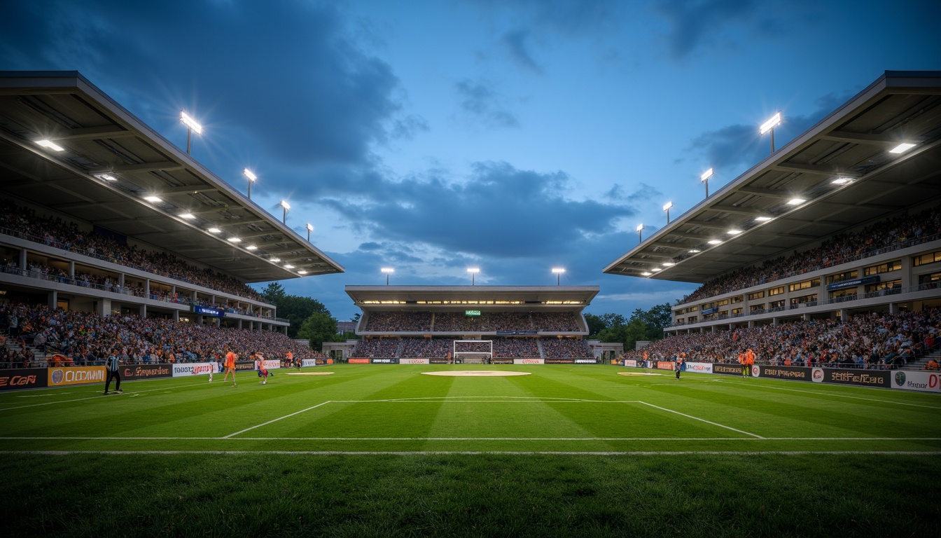 Prompt: Floodlit soccer stadium, evening atmosphere, vibrant green grass, sleek modern architecture, angular lines, cantilevered roofs, grandstand seating, player tunnels, goalposts, referee areas, LED scoreboard displays, dynamic lighting effects, high-intensity floodlights, warm color temperatures, 1/2 composition, low-angle shots, dramatic shadows, realistic textures, ambient occlusion.