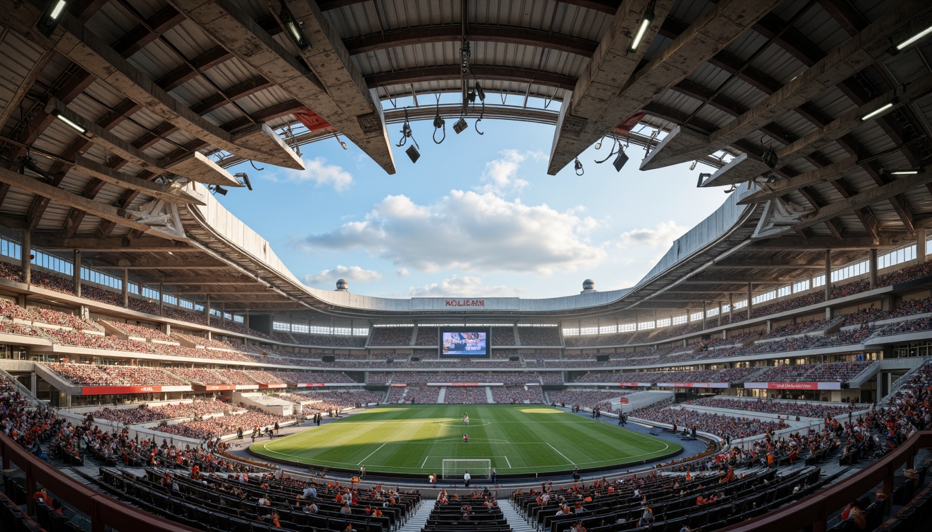 Prompt: Deconstructed soccer stadium interior, fragmented seating areas, irregularly shaped concession stands, distressed concrete walls, exposed ductwork, industrial-style lighting fixtures, reclaimed wood accents, abstract art installations, dynamic angular lines, asymmetrical compositions, bold color schemes, futuristic digital displays, immersive audio systems, atmospheric misting effects, 3/4 composition, shallow depth of field, realistic textures, ambient occlusion.