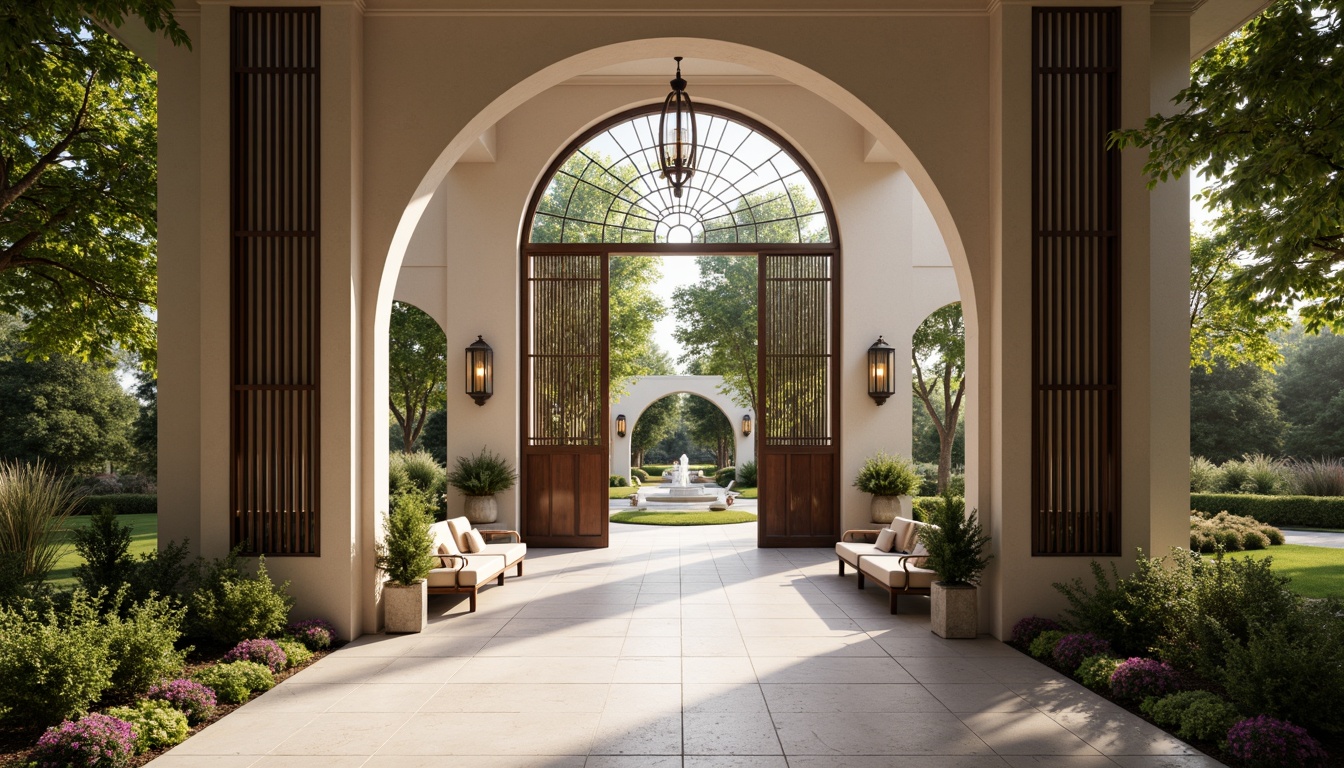 Prompt: Grand entrance gates, elegant archways, inviting pathways, lush greenery, vibrant flowers, ornate doorways, polished wooden doors, brass hardware, warm lighting, soft shadows, shallow depth of field, 3/4 composition, panoramic view, realistic textures, ambient occlusion, modern minimalist design, sleek lines, neutral color palette, natural stone flooring, comfortable seating areas, stylish lanterns, decorative planters.