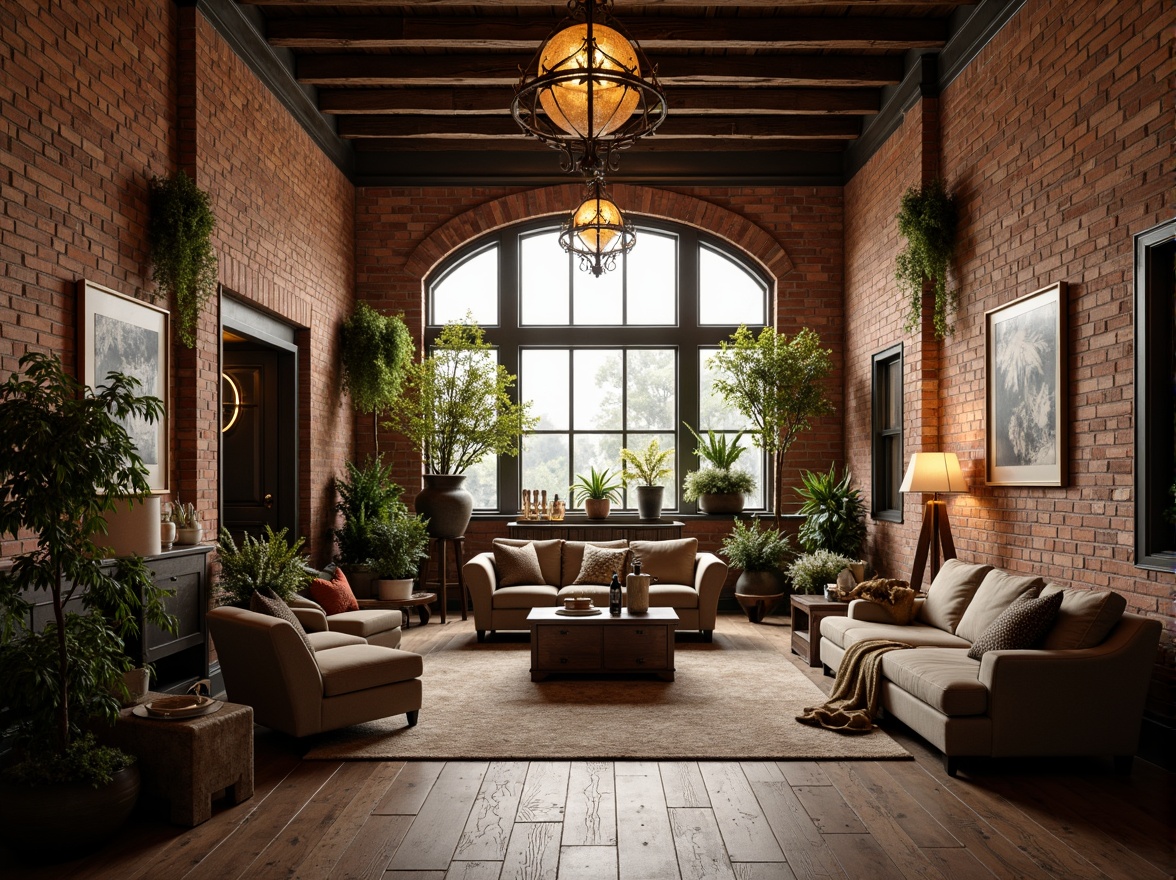 Prompt: Exposed brick walls, industrial metal beams, reclaimed wood accents, vintage decorative elements, soft warm lighting, cozy intimate atmosphere, romantic ambiance, eclectic mix of antique and modern furniture, lush greenery, potted plants, natural textiles, earthy color palette, distressed finishes, ornate metalwork, grand windows, arched doorways, rustic wooden floors, plush area rugs, dramatic ceiling heights, atmospheric misting, warm golden lighting, 1/1 composition, shallow depth of field, realistic textures, ambient occlusion.