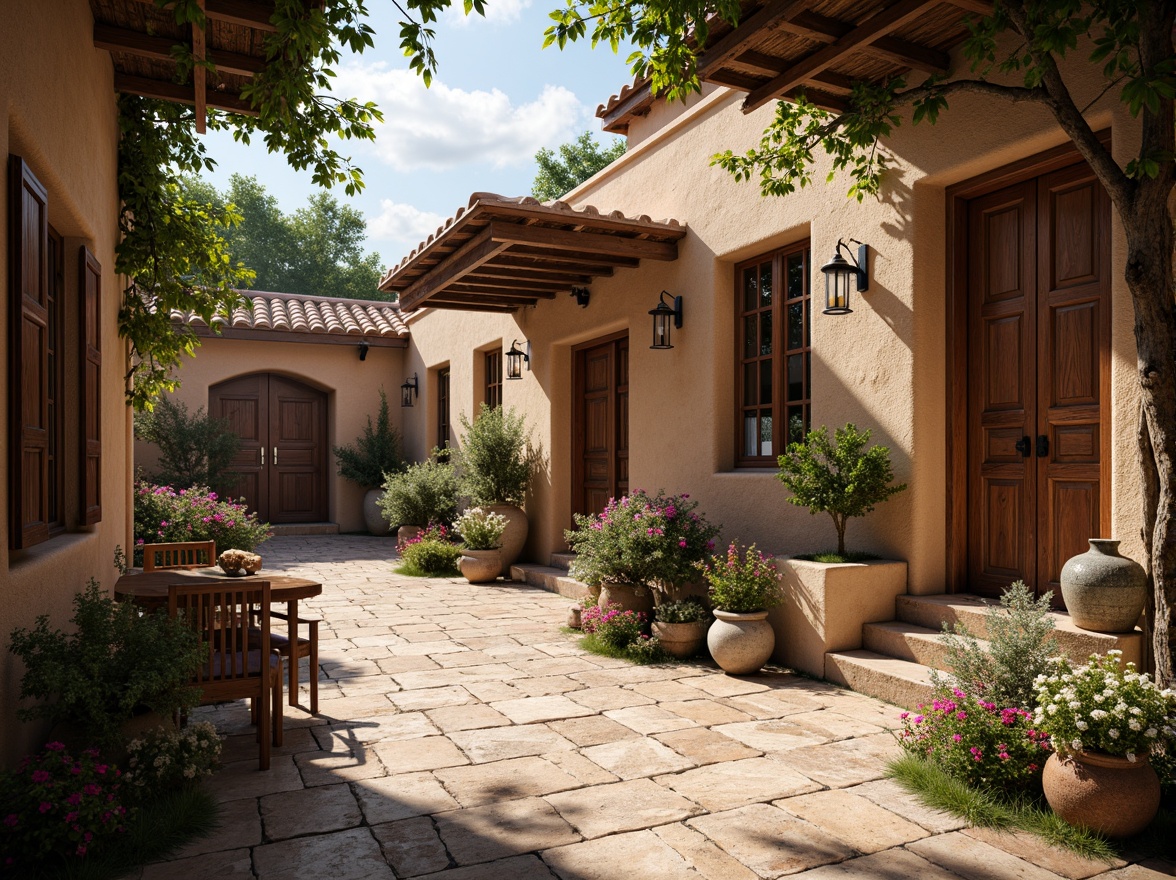 Prompt: Rustic village setting, earthy tones, natural stone walls, wooden beams, clay tile roofs, ornate doorways, intricate carvings, vibrant textiles, colorful ceramics, lush greenery, blooming flowers, rustic lanterns, warm soft lighting, shallow depth of field, 1/1 composition, realistic textures, ambient occlusion.