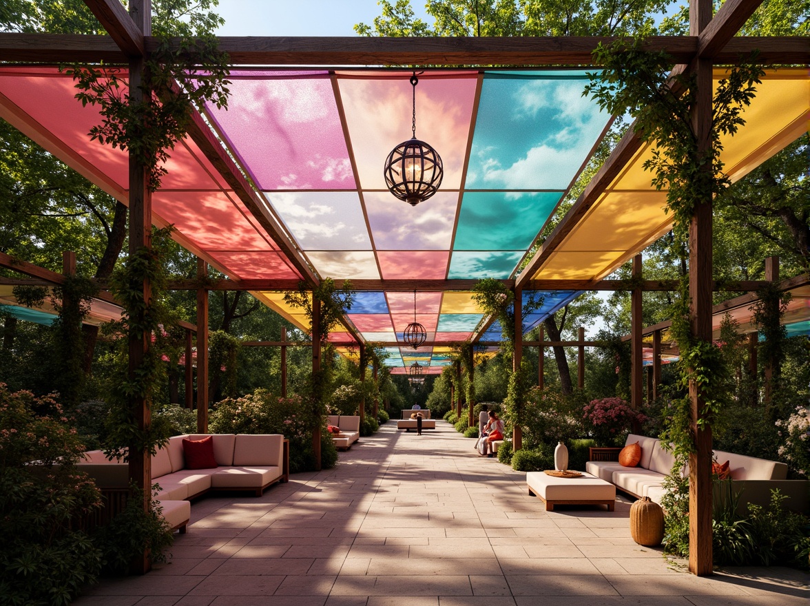 Prompt: Vibrant pavilion, iridescent hues, shimmering fabrics, translucent canopies, gleaming metallic accents, pastel-colored lanterns, soft warm lighting, lush greenery surroundings, natural stone pathways, intricate wooden latticework, ornate metal details, whimsical patterns, eclectic textures, bohemian-inspired decor, playful color blocking, 1/1 composition, shallow depth of field, realistic reflections.