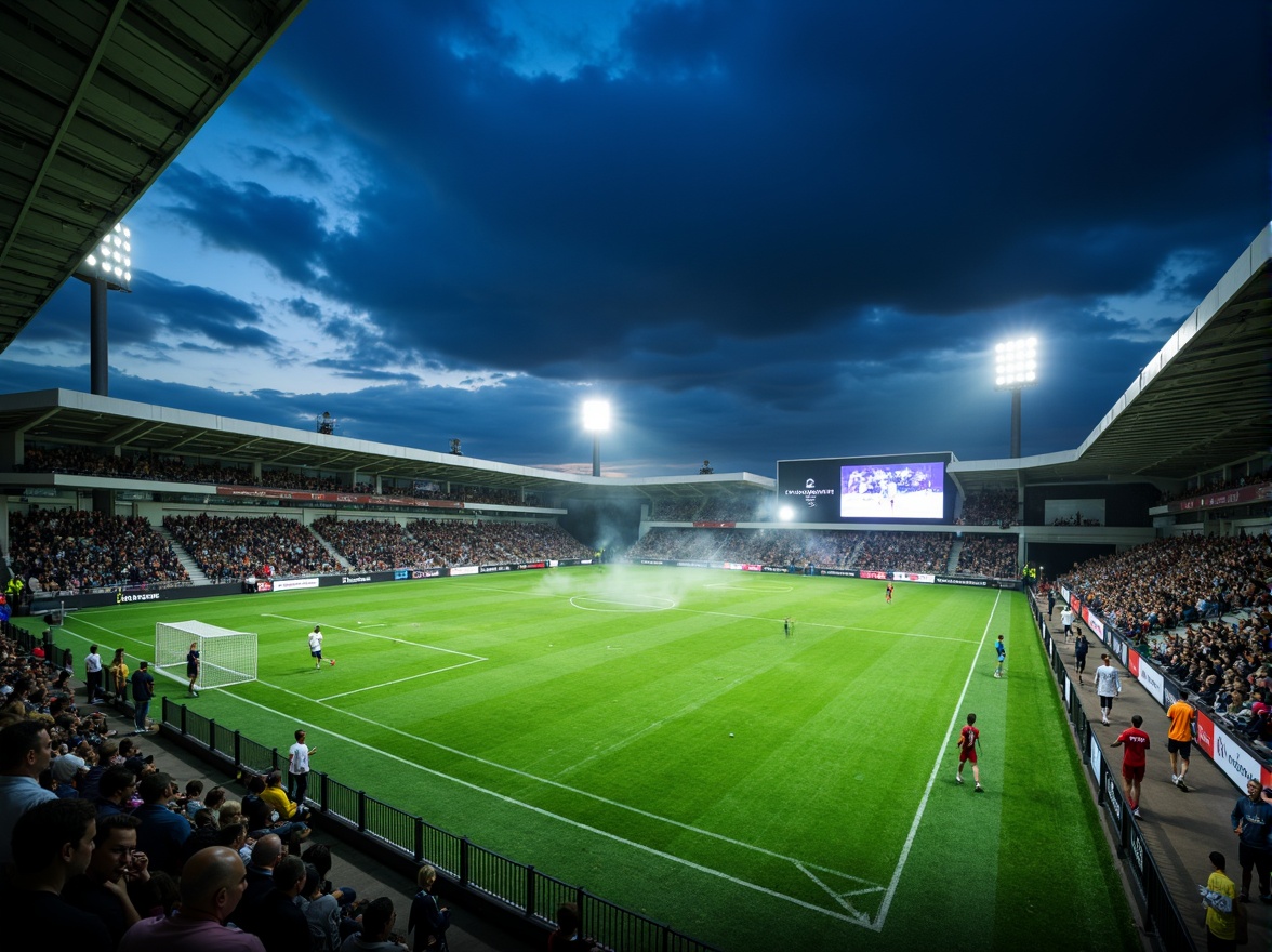 Prompt: Floodlit soccer stadium, vibrant green grass, evening atmosphere, dramatic shadows, high-intensity LED lights, uniform illumination, 3000K warm white tone, glare-free lighting, spectator seating areas, player tunnels, goalposts, scoreboards, giant video screens, dynamic light shows, pre-game entertainment, halftime performances, nighttime events, atmospheric fog effects, misty ambiance, shallow depth of field, 1/2 composition, wide-angle lens, realistic textures, ambient occlusion.