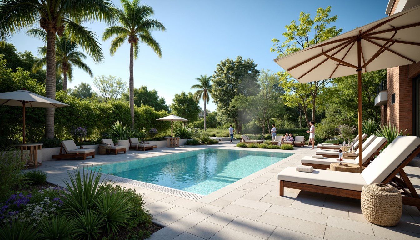 Prompt: Lush greenery, tropical plants, sunny day, clear blue sky, sparkling pool water, modern outdoor furniture, comfortable lounge chairs, colorful umbrellas, refreshing misting systems, natural stone decking, wooden accents, warm LED lighting, shallow depth of field, 3/4 composition, panoramic view, realistic textures, ambient occlusion.