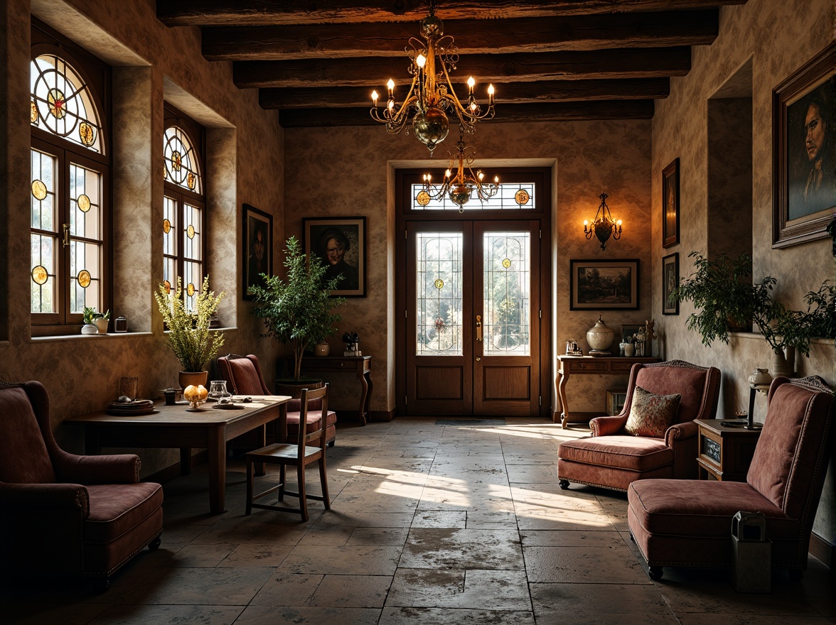 Prompt: Rustic stone walls, worn wooden doors, ornate ironwork, stained glass windows, grand chandeliers, velvet drapes, intricate carvings, soft candlelight, warm earthy tones, natural textures, distressed finishes, vintage furniture, antique decorations, mysterious ambiance, dramatic lighting, 1/1 composition, shallow depth of field, warm color palette, nostalgic atmosphere.