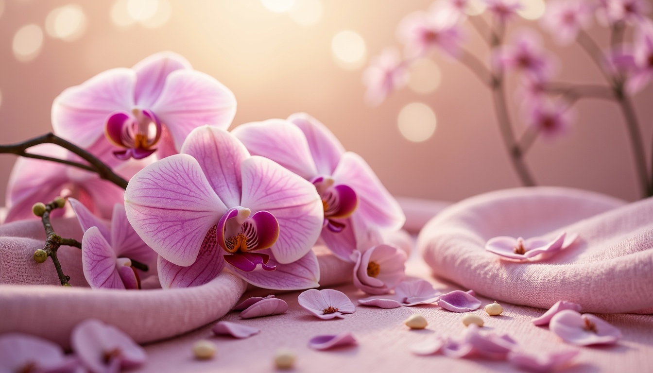 Prompt: Exquisite orchid-inspired color palette, soft pastel hues, delicate petals, subtle sheen, luxurious fabrics, velvety textures, whimsical patterns, elegant florals, refined lines, sophisticated ambiance, warm golden lighting, shallow depth of field, 1/1 composition, realistic renderings, ambient occlusion.