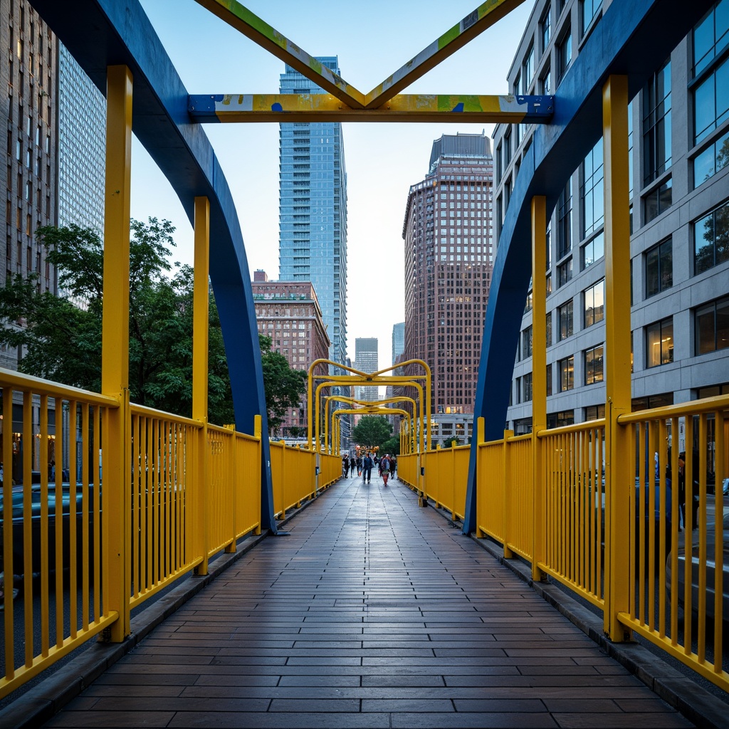 Prompt: Vibrant pedestrian bridge, bold color blocking, bright yellow railings, deep blue accents, neon green highlights, sleek metal beams, industrial textures, urban cityscape, bustling streets, modern skyscrapers, abstract geometric patterns, dynamic lighting effects, warm sunset ambiance, shallow depth of field, 1/1 composition, realistic reflections, ambient occlusion.