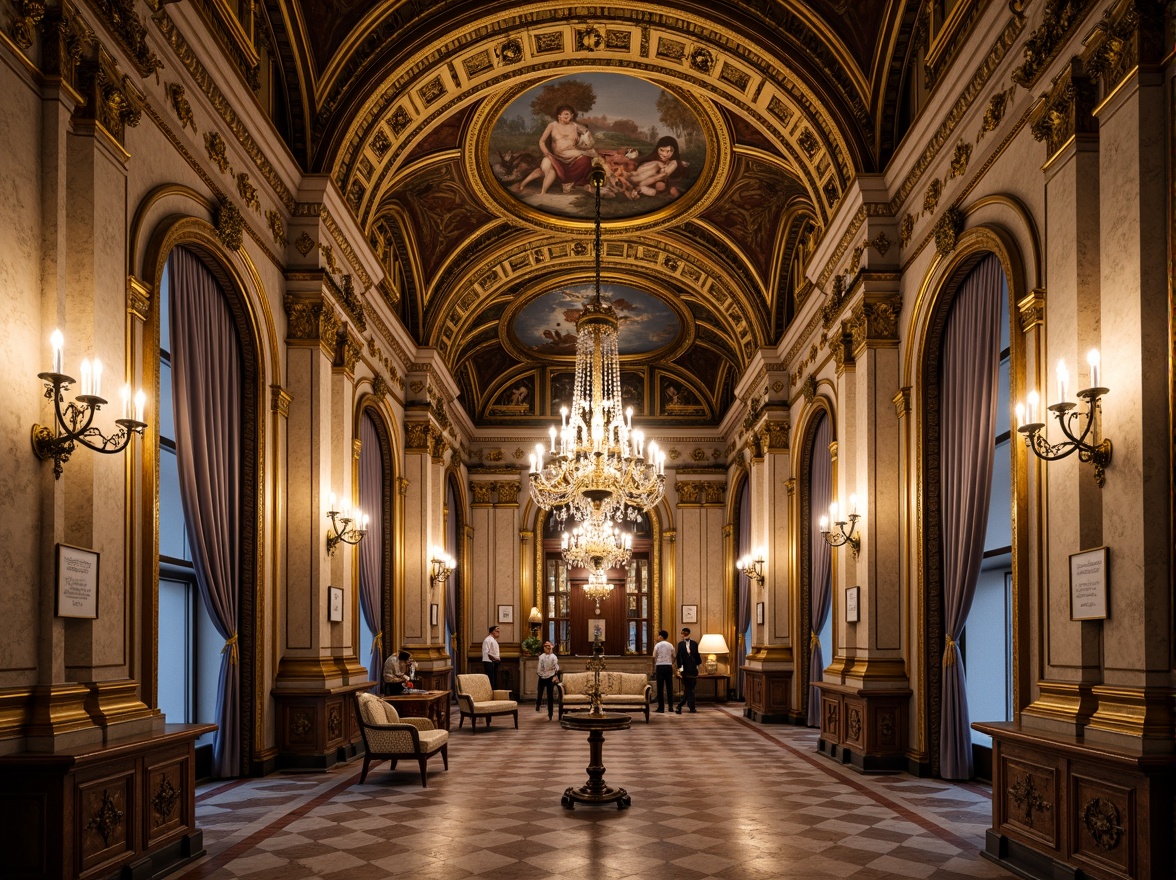 Prompt: Ornate Renaissance-style ceiling, intricate Baroque patterns, gilded details, ornamental moldings, fresco paintings, vaulted arches, grand chandeliers, crystal droplets, luxurious fabrics, rich wood tones, antique furnishings, majestic columns, marble floors, soft warm lighting, shallow depth of field, 1/1 composition, realistic textures, ambient occlusion.