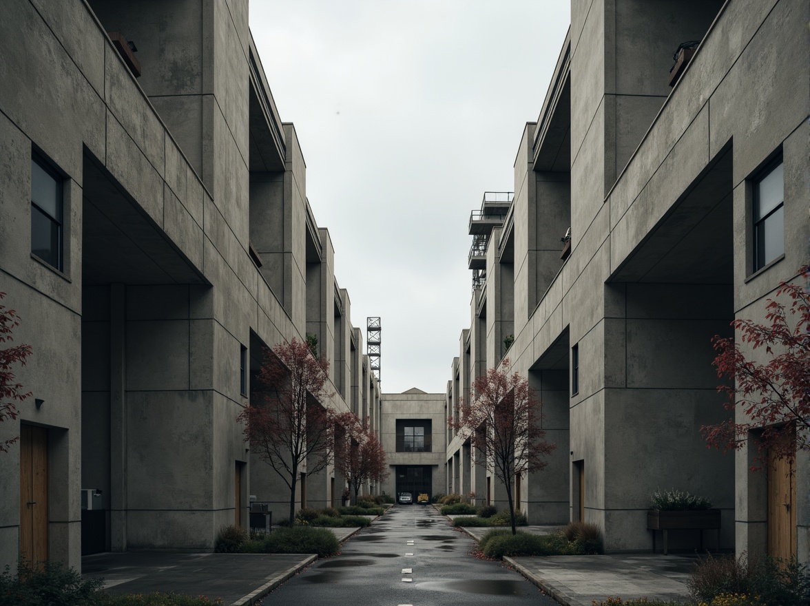 Prompt: Massive concrete forms, brutalist architecture, industrial distribution center, rugged textures, raw concrete walls, exposed ductwork, steel beams, functional minimalism, urban landscape, overcast skies, dramatic shadows, high-contrast lighting, cinematic composition, symmetrical framing, abstract geometric patterns, distressed metal accents, weathered wood tones, utilitarian aesthetic, functional simplicity, imposing scale, monumental presence.