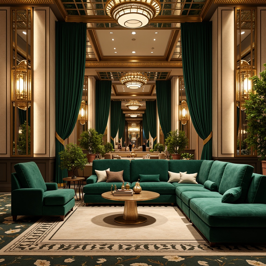 Prompt: Luxurious Art Deco interior, opulent metallic accents, rich jewel-toned colors, bold geometric patterns, lavish ornate details, glamorous 1920s inspiration, sophisticated neutral background, creamy whites, warm beiges, deep emerald greens, luxurious gold leafing, velvety blacks, dramatic lighting effects, high-contrast shadows, ornate mirrors, intricate inlays, exotic wood veneers, sumptuous fabrics, lavish textures, metallic sheens, glamorous ambiance, nostalgic vintage flair.