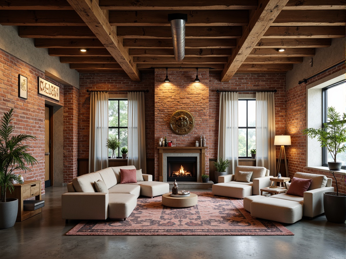 Prompt: Warm industrial loft, exposed brick walls, wooden beams, metal accents, soft warm lighting, cozy atmosphere, rich textiles, plush furnishings, vintage decorative items, distressed finishes, earthy tone color scheme, muted pastels, blush pinks, mauve, sage greens, creamy whites, warm beiges, rustic wood tones, natural stone floors, industrial chic decor, romantic ambiance, intimate setting, soft focus, shallow depth of field, 1/1 composition, realistic textures, ambient occlusion.