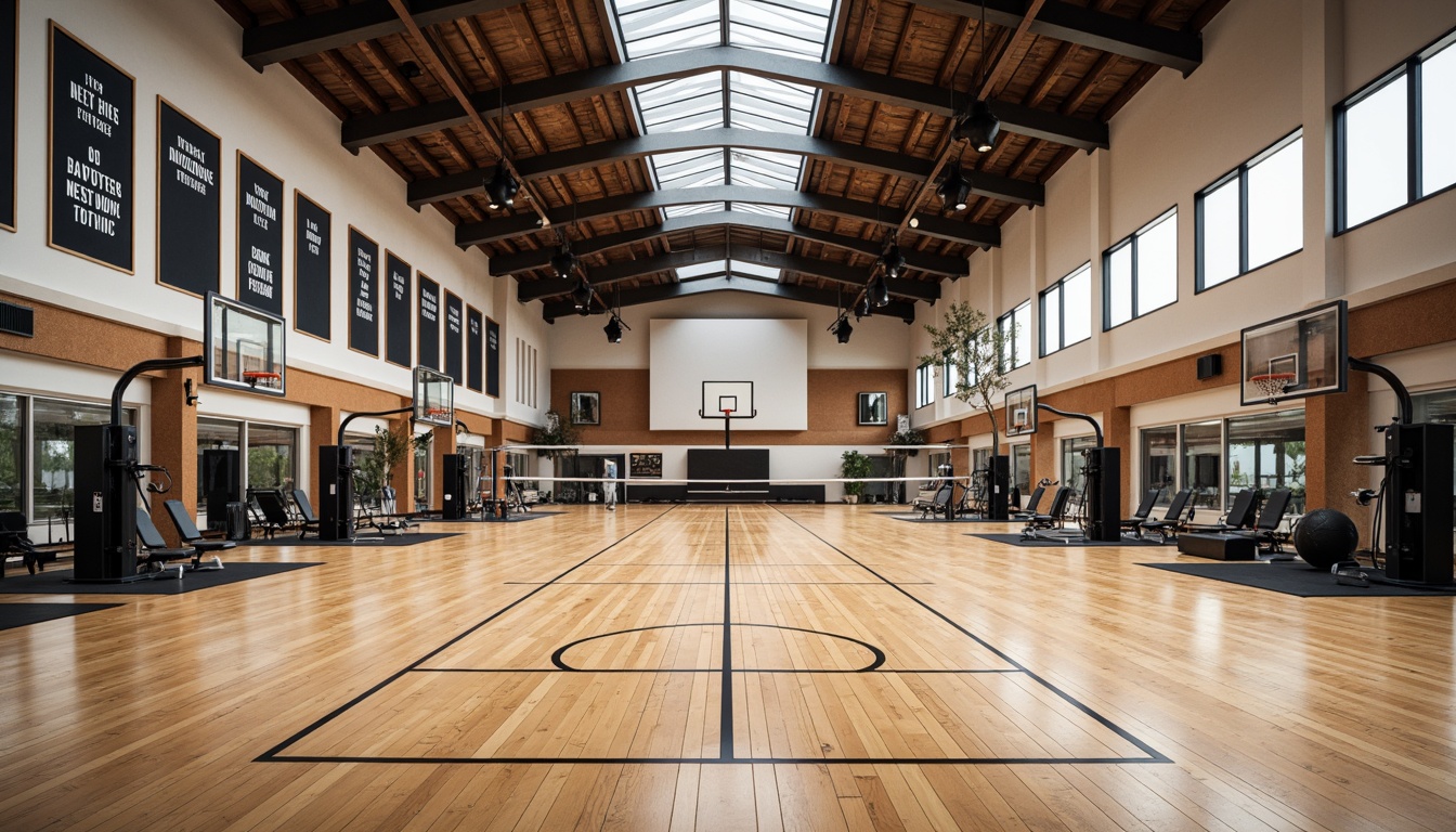 Prompt: Modern gymnasium interior, high ceilings, polished wooden floors, mirrored walls, professional sports equipment, basketball hoops, volleyball nets, athletic tracks, exercise machines, free weights, yoga mats, motivational quotes, natural light, soft warm lighting, shallow depth of field, 3/4 composition, panoramic view, realistic textures, ambient occlusion.