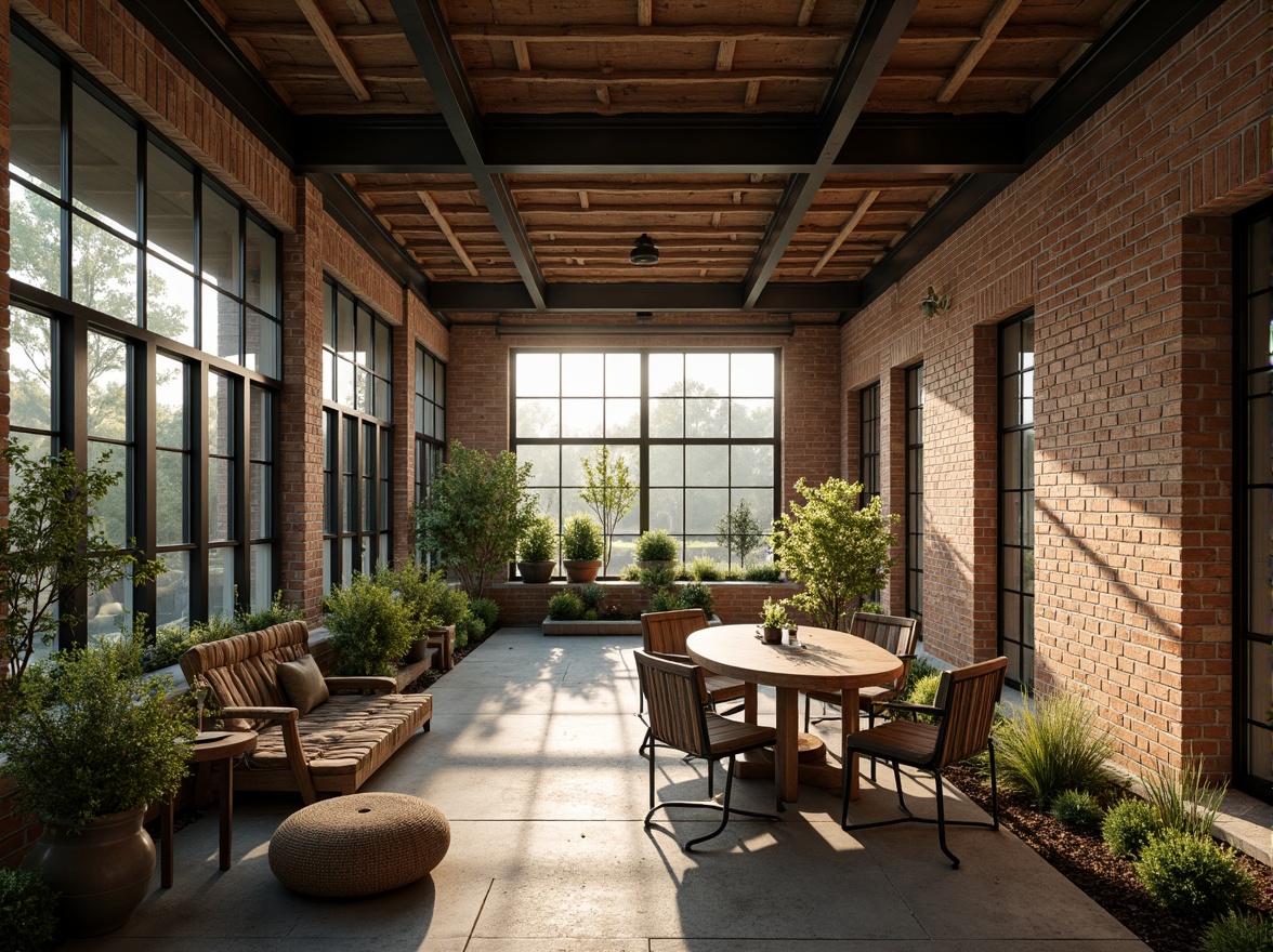 Prompt: Exposed brick walls, reclaimed wood accents, industrial metal beams, vintage decorative items, lush greenery, natural textiles, earthy color palette, soft warm lighting, cozy intimate spaces, minimalist decor, eco-friendly materials, rainwater harvesting systems, solar panels, green roofs, living walls, urban garden views, misty morning atmosphere, shallow depth of field, 1/1 composition, realistic textures, ambient occlusion.