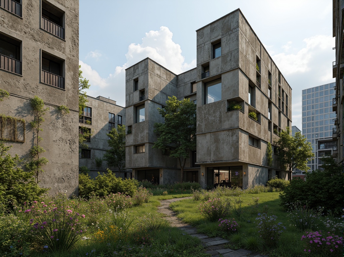 Prompt: Rugged brutalist buildings, raw concrete textures, fortress-like structures, overgrown vegetation, wildflowers, moss-covered walls, industrial landscapes, abandoned factories, crumbling infrastructure, distressed metal accents, exposed ductwork, brutalist sculptures, harsh natural lighting, dramatic shadows, 3/4 composition, low-angle shot, gritty realistic renderings, ambient occlusion.