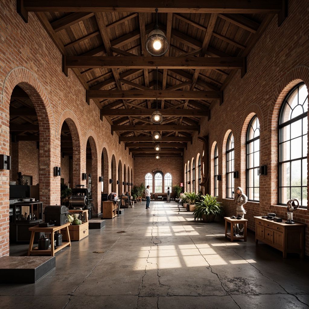 Prompt: Rustic warehouse, Romanesque arches, exposed brick walls, wooden beam ceilings, industrial metal accents, earthy color palette, natural stone floors, distressed wood textures, vintage machinery, eclectic decorative elements, warm soft lighting, shallow depth of field, 1/2 composition, atmospheric perspective, realistic renderings, ambient occlusion.